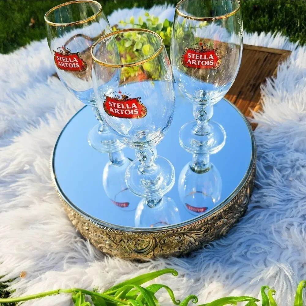 Set Of 3 Gold Rim 33cl Stella Artois Beer Chalice Glasses.